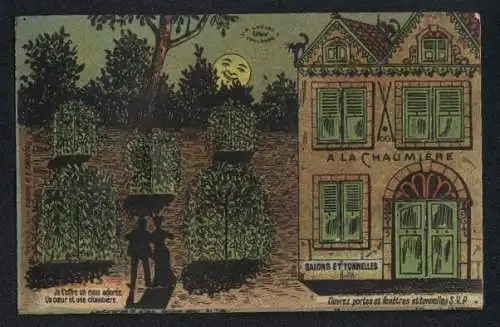 Mechanische-AK Gasthaus À la Chaumière, Fensterläden, Türen und Büsche verbergen Menschen