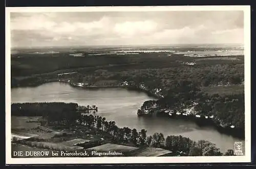 AK Prieros /Mark, Die Dubrow beim Gasthaus Prierosbrück, Fliegeraufnahme