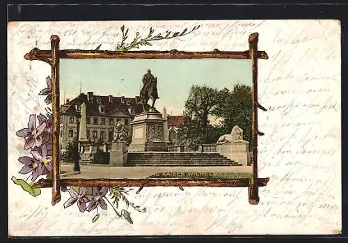 Passepartout-Lithographie Stuttgart, Denkmal Wilhelm I., Blumen