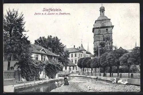 AK Staffelstein / Mainthal, Partie an der Lauter mit Stadtturm