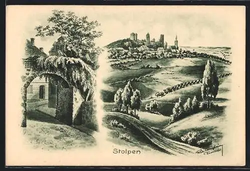 Künstler-AK Stolpen, Ortsansicht aus der Ferne