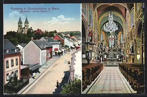 AK Arenberg bei Ehrenbreitstein am Rhein, Inneres der Kirche und Roter Hahn