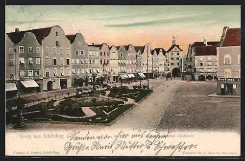 Lithographie Schärding, Blick zum Oberen Stadtplatz