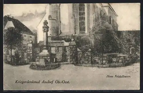 Künstler-AK Andorf /Ob.-Oest., Kriegerdenkmal an der Kirche
