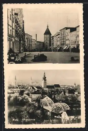 AK Wels / Donau, Strassenansicht, Panorama mit Kirche und Brücke