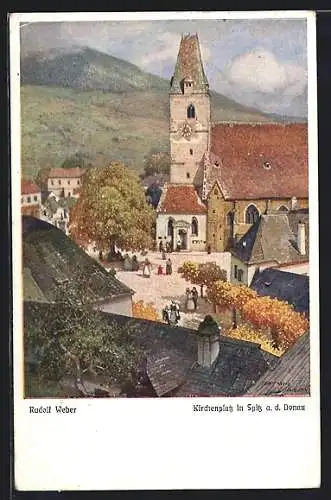 Künstler-AK Spitz, Menschen auf dem Kirchenplatz