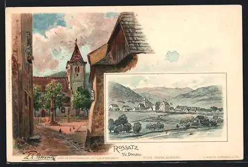 Künstler-AK Rossatz a.d.Donau, Gesamtansicht, Strassenpartie