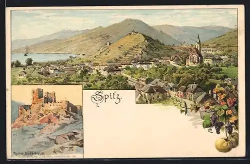 Lithographie Spitz, Ruine Hinterhaus, Teilansicht mit Kirche und Weinbergen