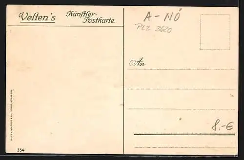 Lithographie Spitz, Ruine Hinterhaus, Teilansicht mit Kirche und Weinbergen