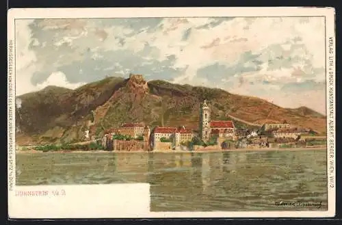 AK Dürnstein a. d. D., Ortspanorama mit Burg, vom Wasser gesehen