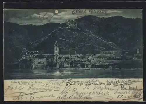 Mondschein-AK Dürrenstein /Donau, Panorama mit Burgtreppe und Donau