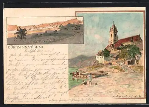Lithographie Dürnstein a. Donau, Strandpartie mit Kirchturm