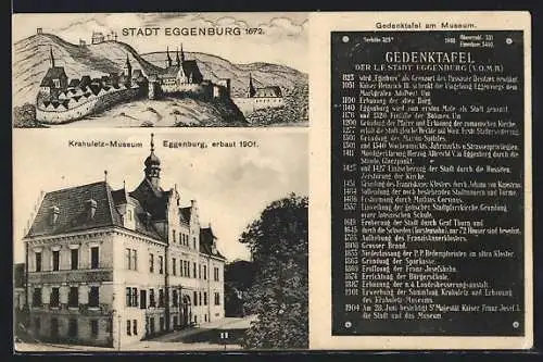 AK Eggenburg, Gedenktafel mit historischen Daten, Krahuletz-Museum, Ortsansicht im Jahr 1672