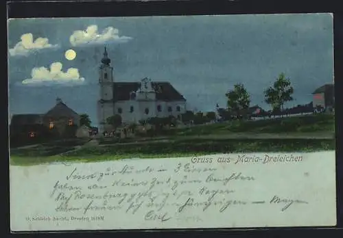 Mondschein-AK Maria-Dreieichen, Ortsansicht mit Kirche, beleuchtete Fenster