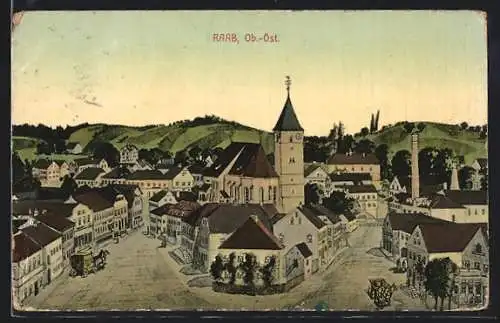 Künstler-AK Raab /Ob.-Öst., Strassenpartie mit Kirche