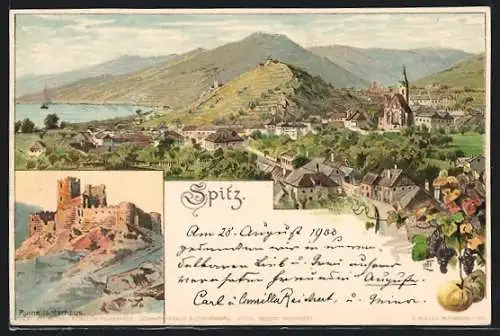 Lithographie Spitz, Ruine Hinterhaus, Teilansicht mit Kirche und Weinbergen