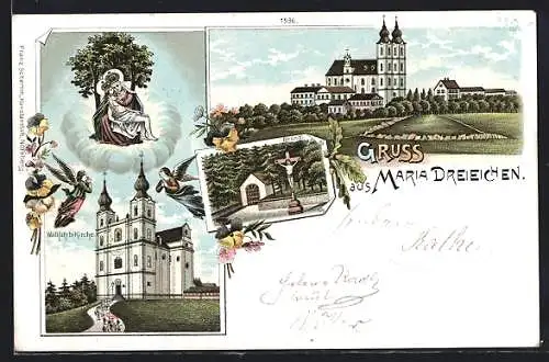 Lithographie Maria Dreiechen, Wallfahrtskirche, Heiligendarstellung mit den Drei Eichen
