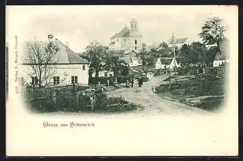 AK Hoheneich, Strassenpartie mit Gasthaus-Metzgerei und Kirche