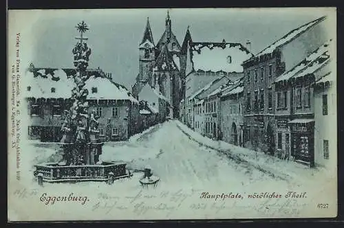 AK Eggenburg, Hauptplatz mit Kirche und Denkmal im Schnee, Nördlicher Teil