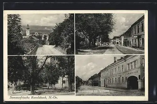 AK Ravelsbach /N.-Oe., Strassenpartie mit Sparkasse, Kirche, Kirchpark