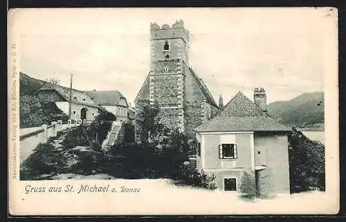 AK St. Michael a. Donau, Ortspartie mit altem Turm
