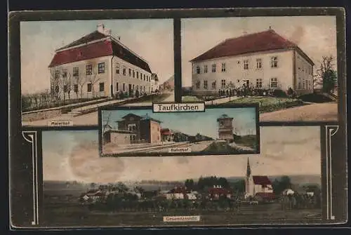 AK Taufkirchen, Hotel Maierhof, Volksschule, Bahnhof