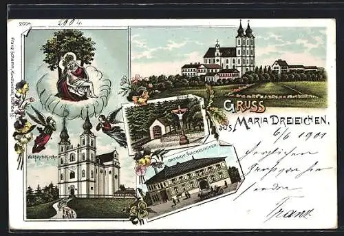 Lithographie Maria Dreieichen, Wallfahrts-Kirche, Bründl, Gasthof Wachelhofer