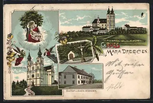 Lithographie Maria Dreieichen, Die Wallfahrtskirche, Gasthof v. Josefa Schmöger, Bründl, Ortsansicht