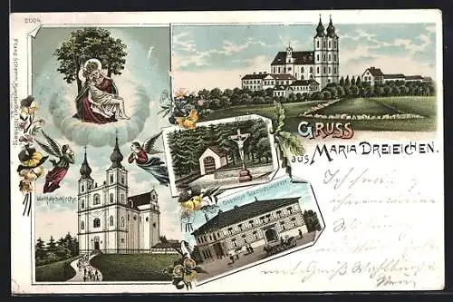 Lithographie Maria Dreieichen, Wallfahrts-Kirche, Bründl, Gasthof Wachelhofer