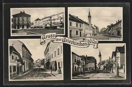 AK Grieskirchen /O.Ö., Kirchenplatz, Rossmarkt, Bahnhofstrasse, Zauneggerstrasse