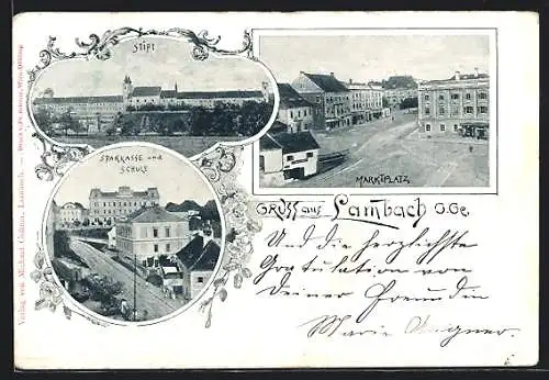 AK Lambach, Sparkasse und Schule, Marktplatz, Stift