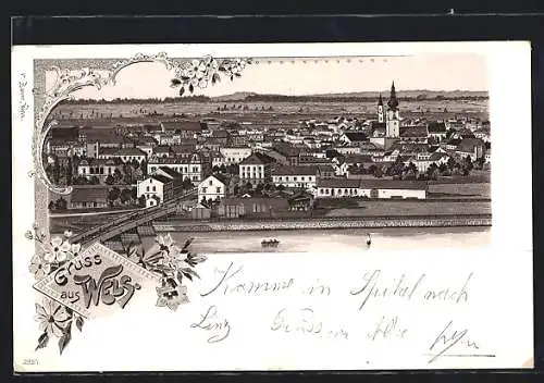 Lithographie Wels, Totalansicht mit Kirche