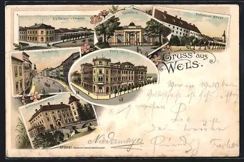 Lithographie Wels, Postgebäude, Stadtplatz, K. k. Cavallerie-Kaserne, Volkshalle