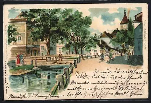 Lithographie Wels, Flusspartie im Ort