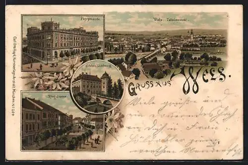 Lithographie Wels, Postgebäude, Ringstrasse, Schloss Lichtenegg