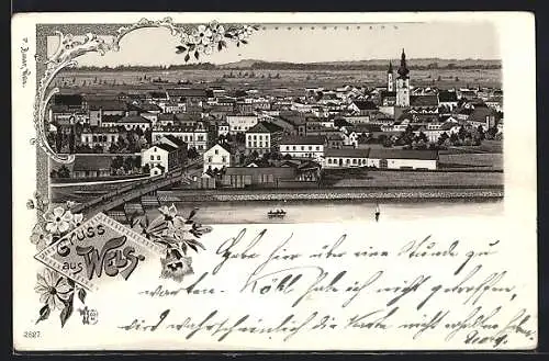 Lithographie Wels, Gesamtansicht mit Brücke aus der Vogelschau