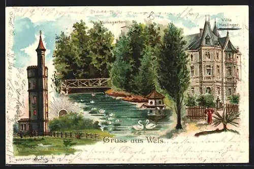 Lithographie Wels, Hotel Villa Haslinger, Volksgarten, Aussichtsturm Marienwarte