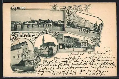 AK Schärding, Gasthaus, Panorama mit Brücke, Kirche