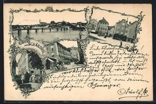 AK Schärding, Ortspartie mit Caffeehaus Weis, Ortsansicht vom Wasser aus