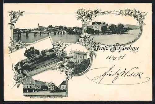 AK Schärding, Kloster Neuhaus, Brücke, Häuserpartie