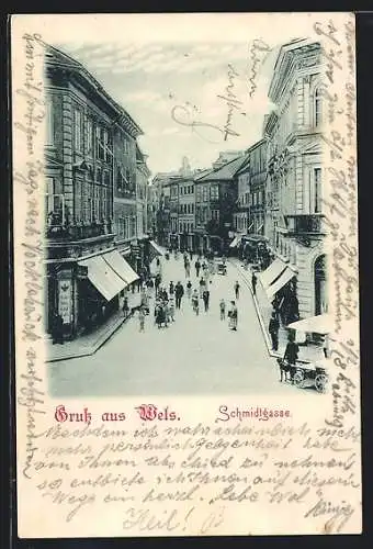 AK Wels, Belebte Szene in der Schmidtgasse