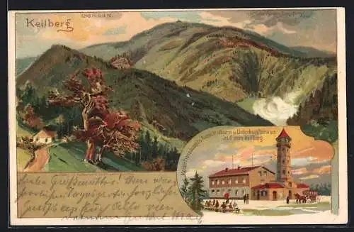Lithographie Keilberg, Kaiser Franz Josef Aussichtsturm und Unterkunftshaus, Blick ins Tal