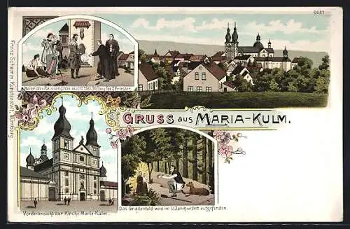 Lithographie Maria-Kulm, Kirche, Gnadenbild, Ortsansicht