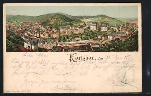 Lithographie Karlsbad, Gesamtansicht aus der Vogelschau