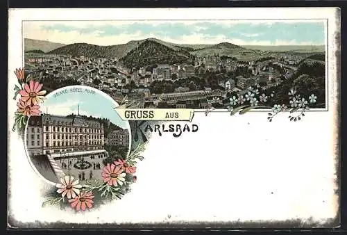 Lithographie Karlsbad, Grand Hotel Pupp, Panorama