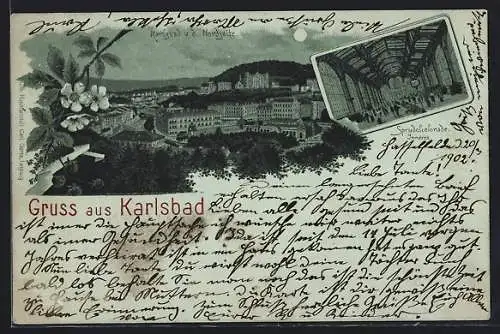 Mondschein-Lithographie Karlsbad, Innenansicht der Sprudelcolonade, Ortspartie von der Nordseite