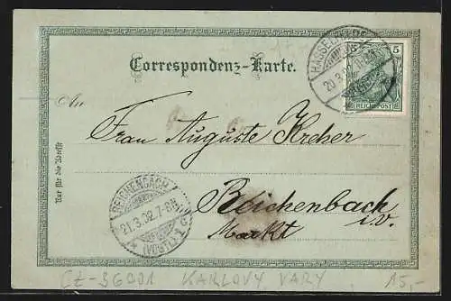 Mondschein-Lithographie Karlsbad, Innenansicht der Sprudelcolonade, Ortspartie von der Nordseite