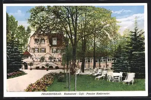 AK Franzensbad, Restaurant-Café-Pension Biedermeier mit Gartenpartie