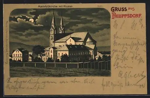 Mondschein-Lithographie Philippsdorf, Mariahilfkirche mit Kloster
