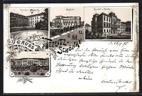 Lithographie Teplitz-Schönau, Kaiserbad und Kursalon, Stadttheater, Herrenhaus, Neubad